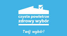  logo czyste powietrze, biały dom na niebieskim tle z napisem czyste powietrze zdrowy wybór - twój wybór