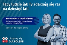 GRAFIKA ZAWIERA ZDJĘCIE KOBIETY I MĘŻCZYZNY ORAZ HASŁO: TACY LUDZIE JAK TY ZDARZAJA SIĘ RAZ NA 10 LAT. TRWA NABÓR NA RACHMISTRZA DO NARODOWEGO SPISU POWSZECHNEGO LUDNOŚCI I MIESZKAŃ 2021. ZGŁOŚ SIĘ DO URZĘDU GMINY.