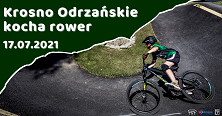 Grafika zawiera zdjęcie rowerzysty na torze pumptrack oraz napis Krosno Odrzańskie kocha rower i datę 17.07.2021.