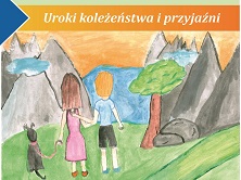 Na obrazku chłopiec i dziewczynka trzymający się pod ramię i podziwiający pejzaż jezioro otoczone górami. Dziewczynka trzyma na smyczy czarnego psa