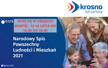 Na grafice widać grupę ludzi oraz napisy Spisz się w Urzędzie Miasta 12-16 lipca od 16.00 do 20.00 oraz Narodowy Spis Powszechny Ludności i Mieszkań 2021.