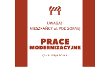 Obrazek przedstawia znak roboty drogowe i napis prace modernizacyjne.