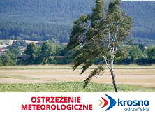 Na grafice widoczne jest drzewo pochylające się pod naporem silnego podmuchu wiatru oraz napis ostrzeżenie meteorologiczne i logo promocyjne Gminy Krosno Odrzańskie.